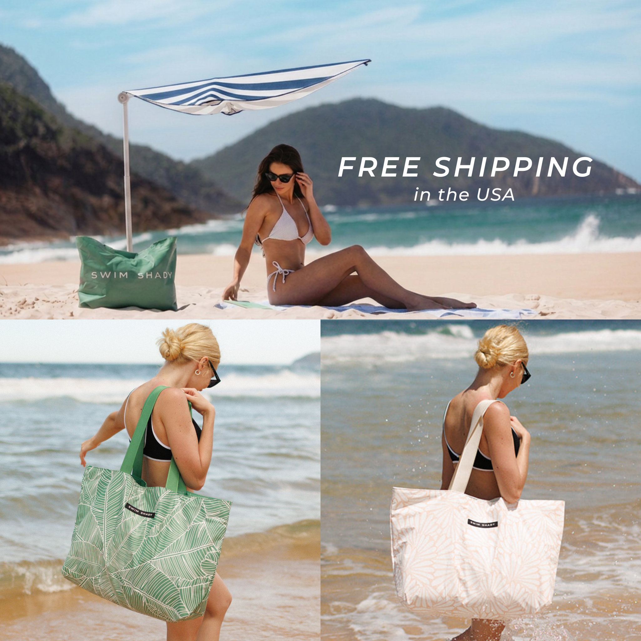A beach-themed collage showing a woman wearing sunglasses and a bikini while sitting under a striped swim shady beach umbrella shade on the sand, carrying a green tote bag labeled 'SWIM SHADY'; two smaller photos below show her from behind carrying the same tote bag in the ocean. Large text reads 'FREE SHIPPING in the USA'.